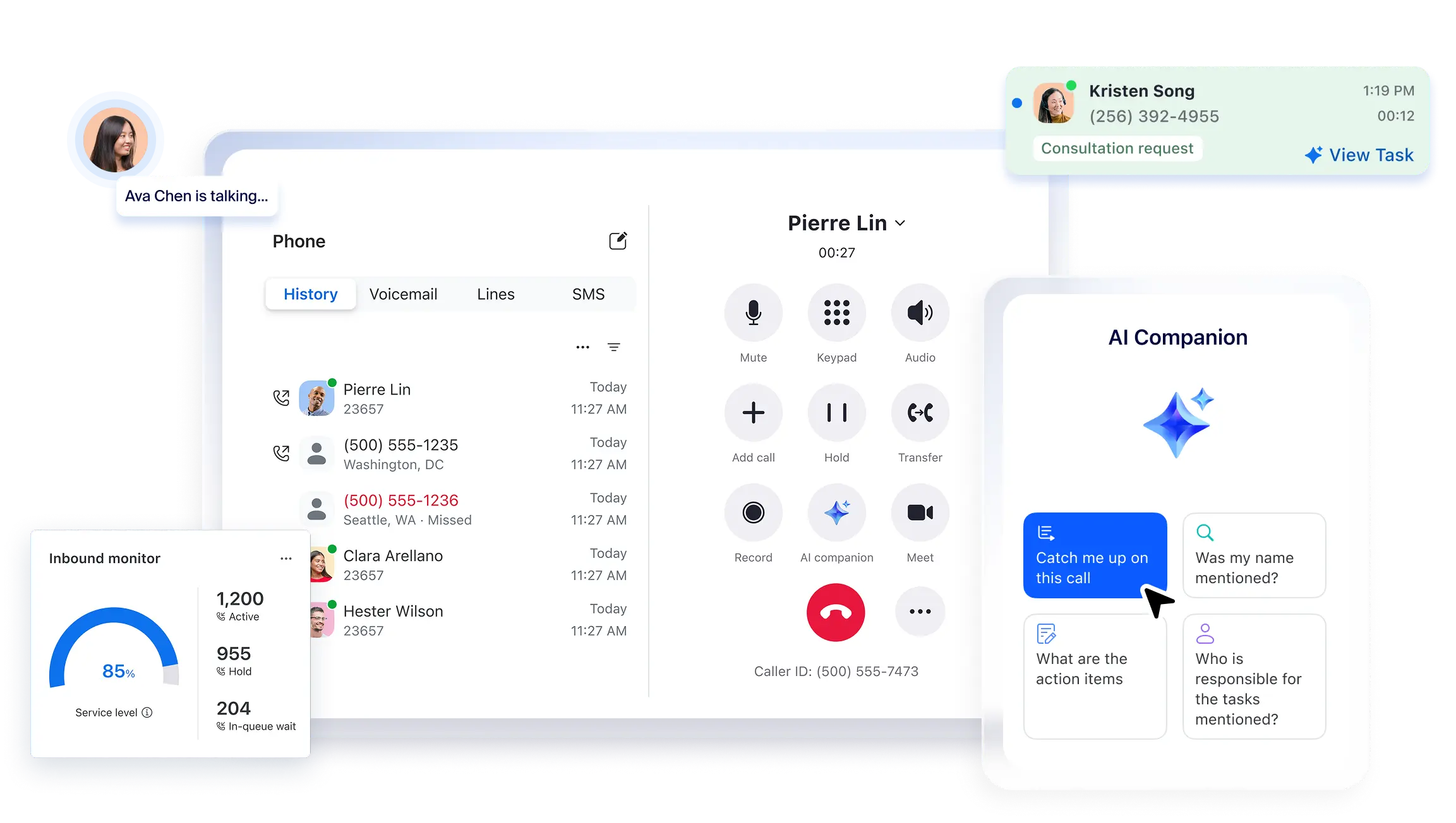 Zoom Phone cloud calling interface with call controls, inbound monitoring and AI Companion